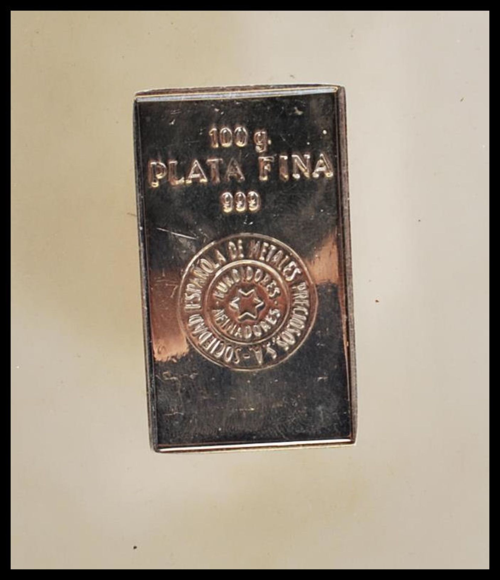 A 999 fine silver 100g ingot. Stamped with Spanish Authentication circular mark 'Espanola De