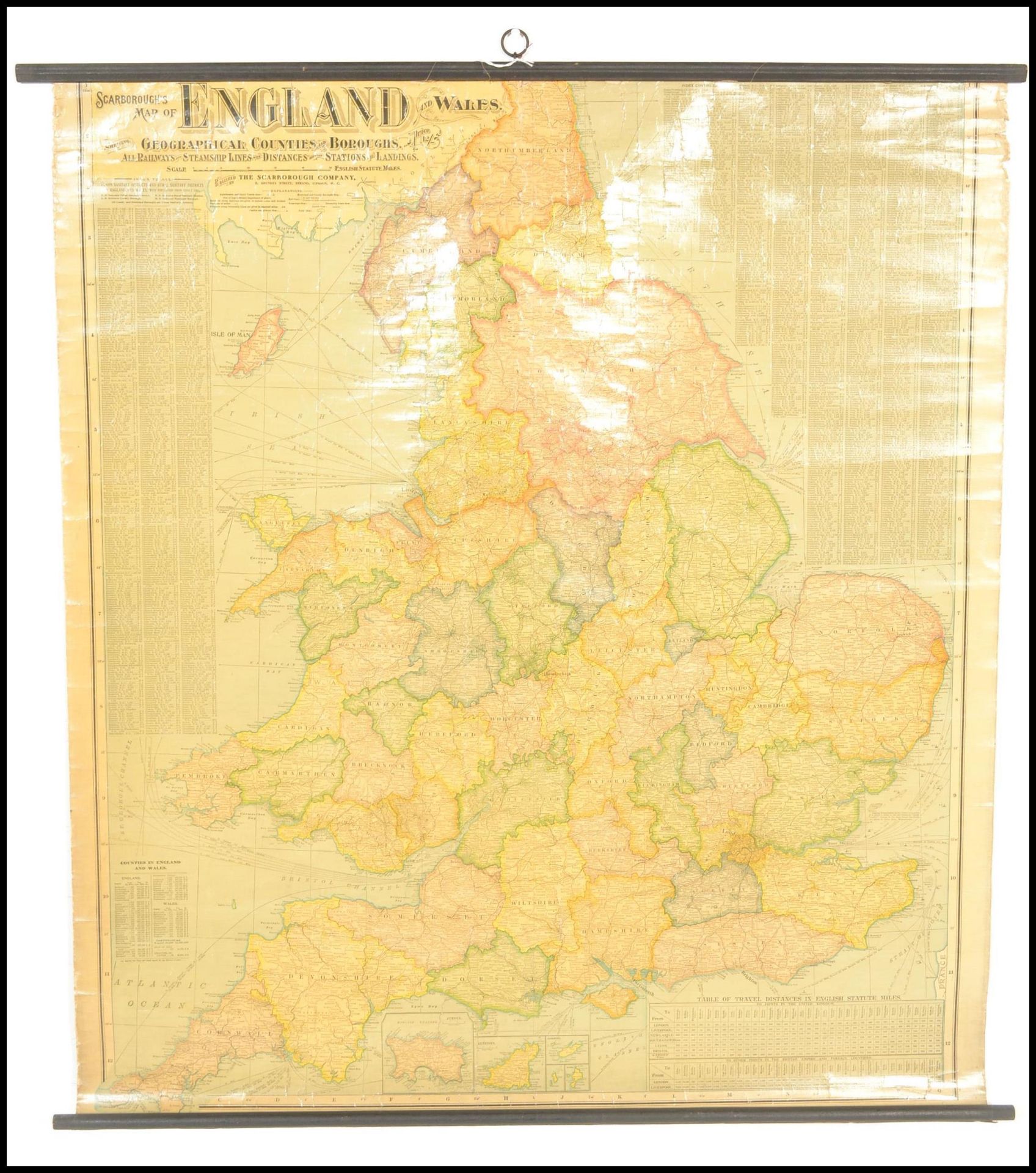 A Vintage Scarborough map of England and wales showing Geographical Counties and Boroughs, all