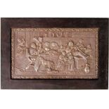 A dutch silver hallmarked panel depicting a tavern scene from a painting by Teniers. Set within an