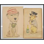 A pair of early 20th Century pen and ink drawings on card of Bonzo the dog coloured in watercolor.
