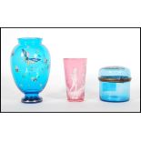 Three pieces of 19th Century Victorian glass to include a small blue glass vase hand decorated