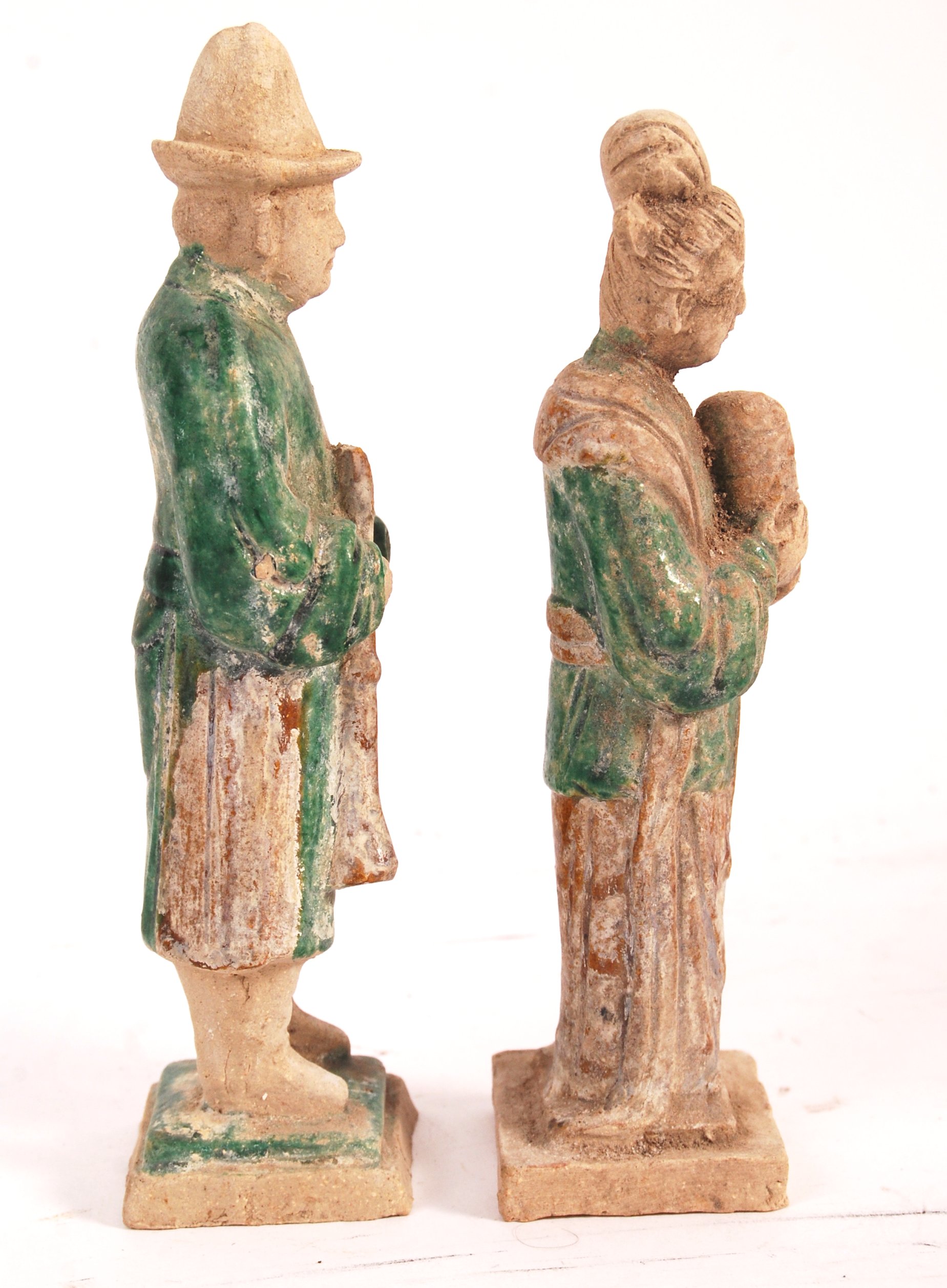 A pair of antique Chinese Ming dynasty (1368 – 1644) glazed pottery figures / tomb attendants in the - Image 2 of 4
