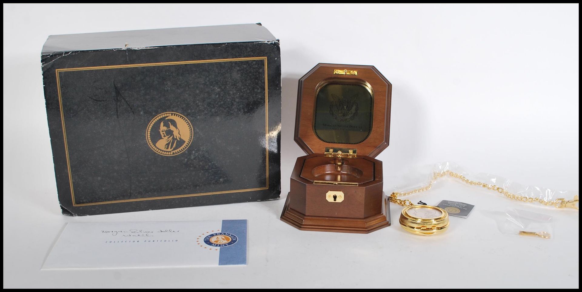 Franklin Mint Morgan Silver Dollar - Gold plated collectors full hunter pocket pocket watch with