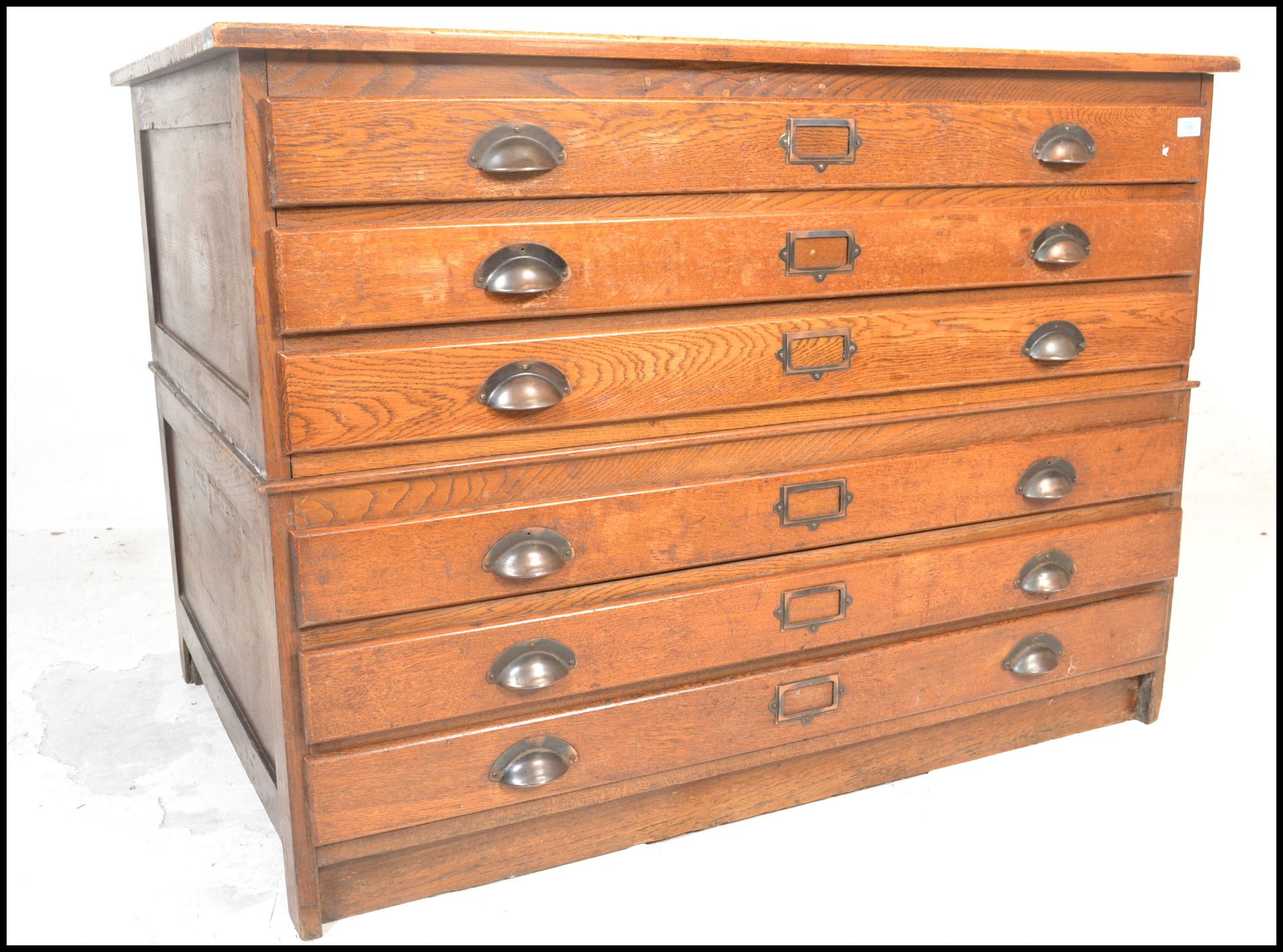 An early 20th century 1940's vintage industrial oak 8 drawer large architects plan chest of drawers.