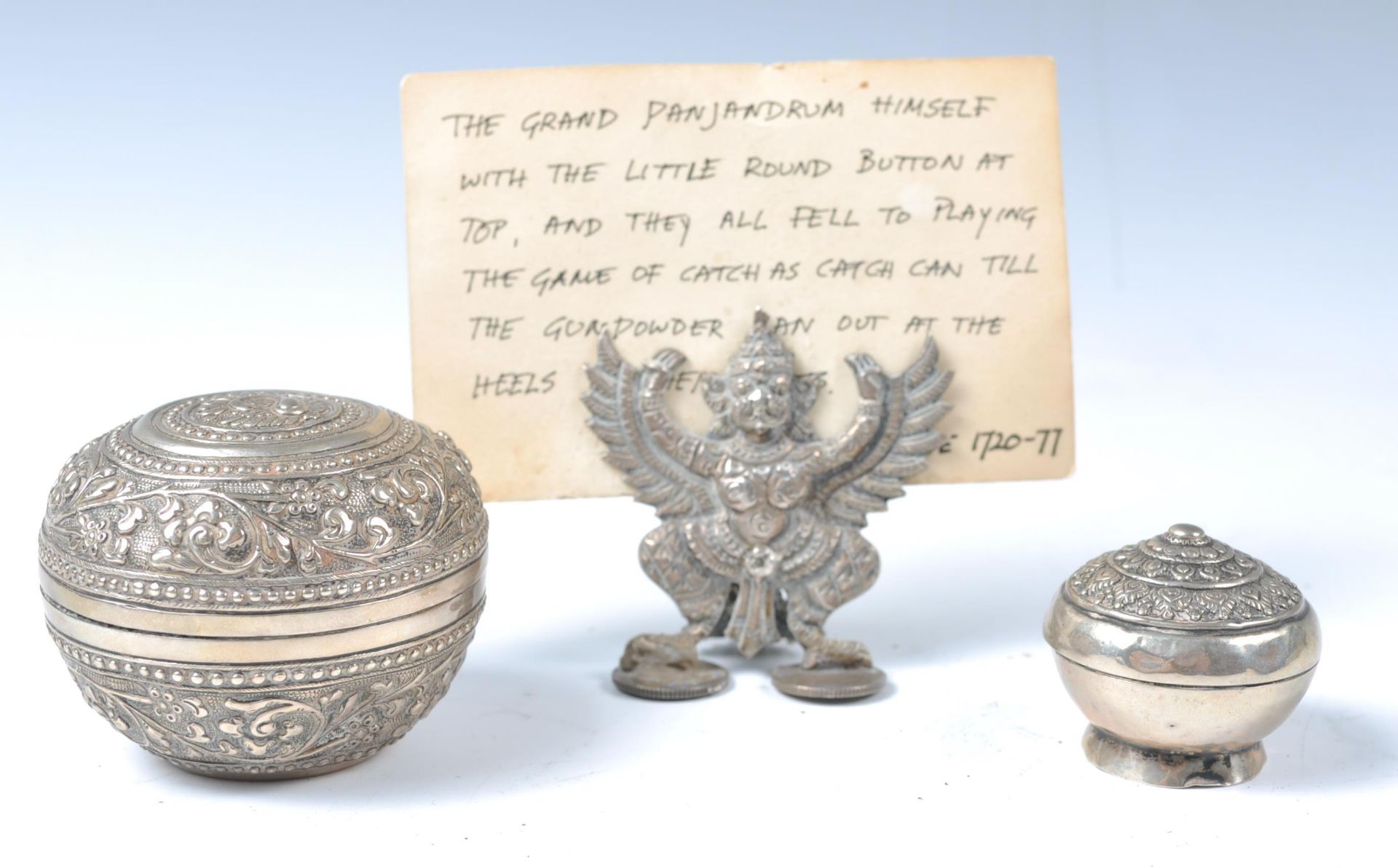 A GROUP OF THAI SILVER INCLUDING A GARUDA MENU HOL