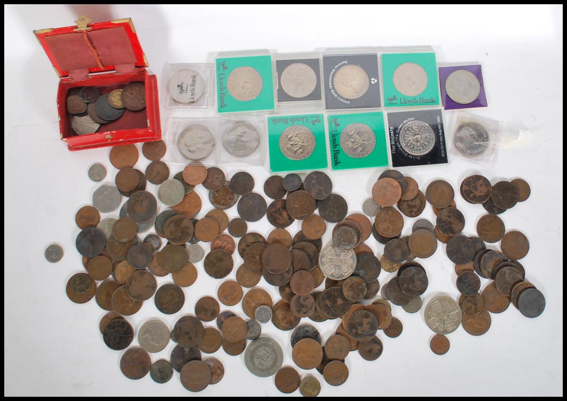 A collection of coins to include a group of copper coins dating from the 19th Century onwards, a