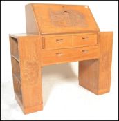 A mid century Chinese  / Singapore hardwood Art Deco style bureau. The fall front with carved