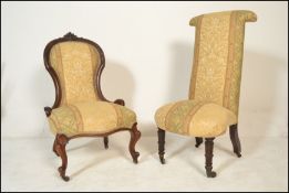 A Victorian 19th century upholstered Prie Dieu nursing prayer chair. Raised on mahogany turned