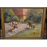 A 20th Century oil on board painting picture of a King Charles Spaniel together with three  of her