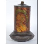 A early 20th Century advertising biscuit tin of cylindrical form depicting two classical ladies,