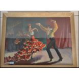 A mid century retro / vintage print of a Spanish Flamenco dancer and her partner. Set within the
