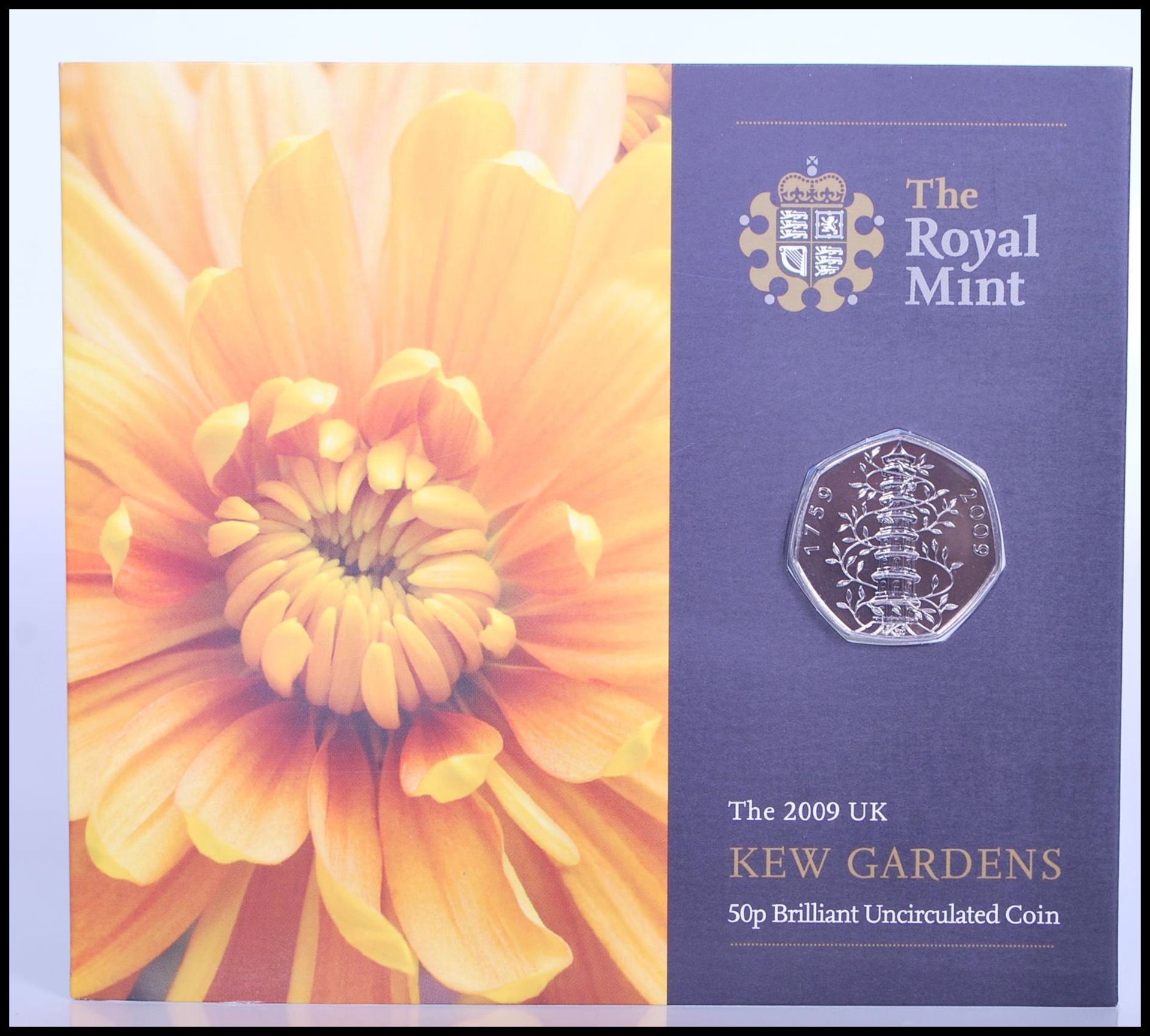 THE ROYAL MINT UNCIRCULATED 2009 KEW GARDENS 50p COIN, mounted to a presentation card