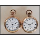 Two gold plated pocket watches, both having white enamel face with Roman numeral chapter ring,