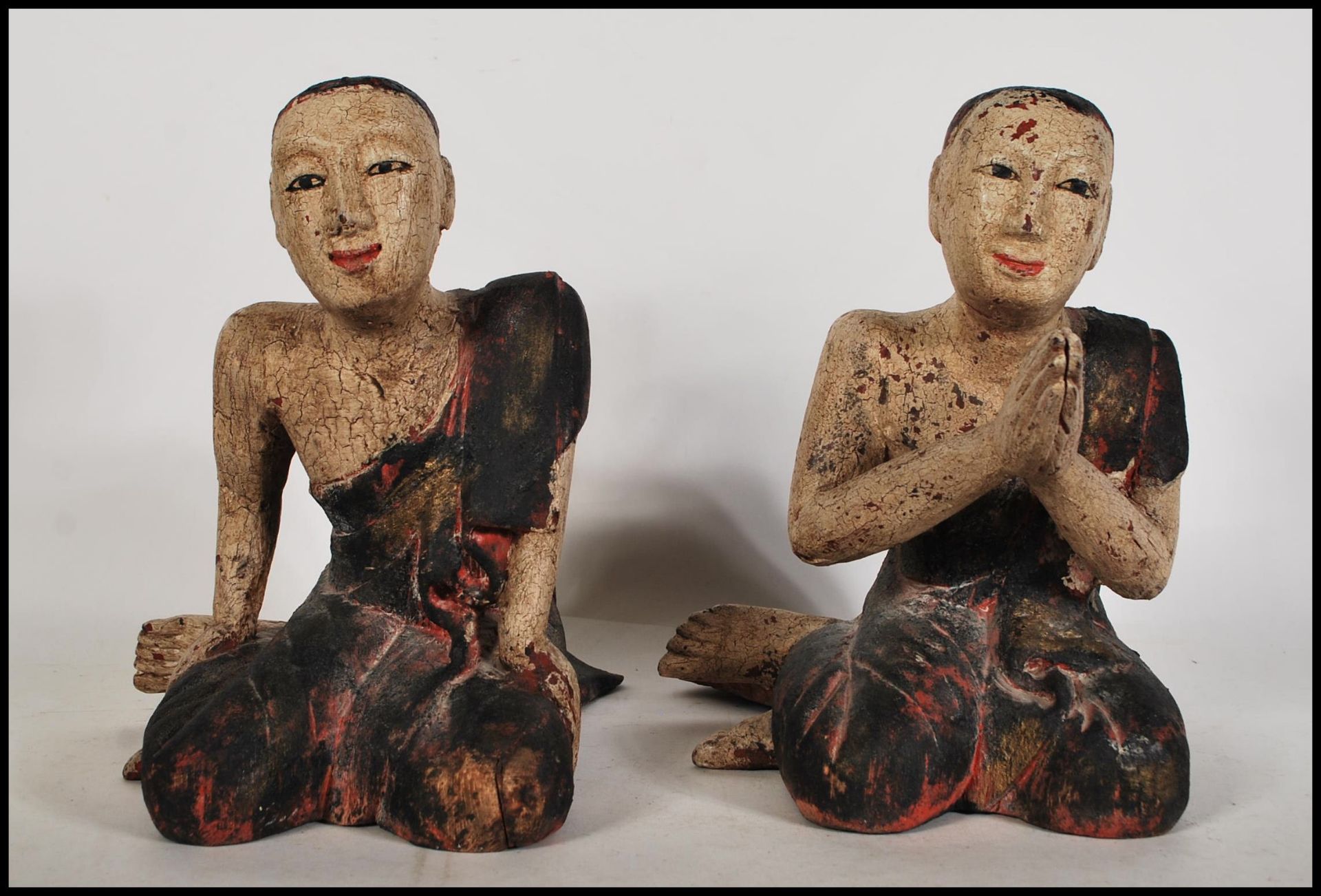 A pair of 20th Century wooden praying Buddhist Monks both in a seated kneeling position having - Image 2 of 6