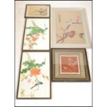 A collection of Japanese 20th Century artwork to include an embroidered scene with blossoms and a