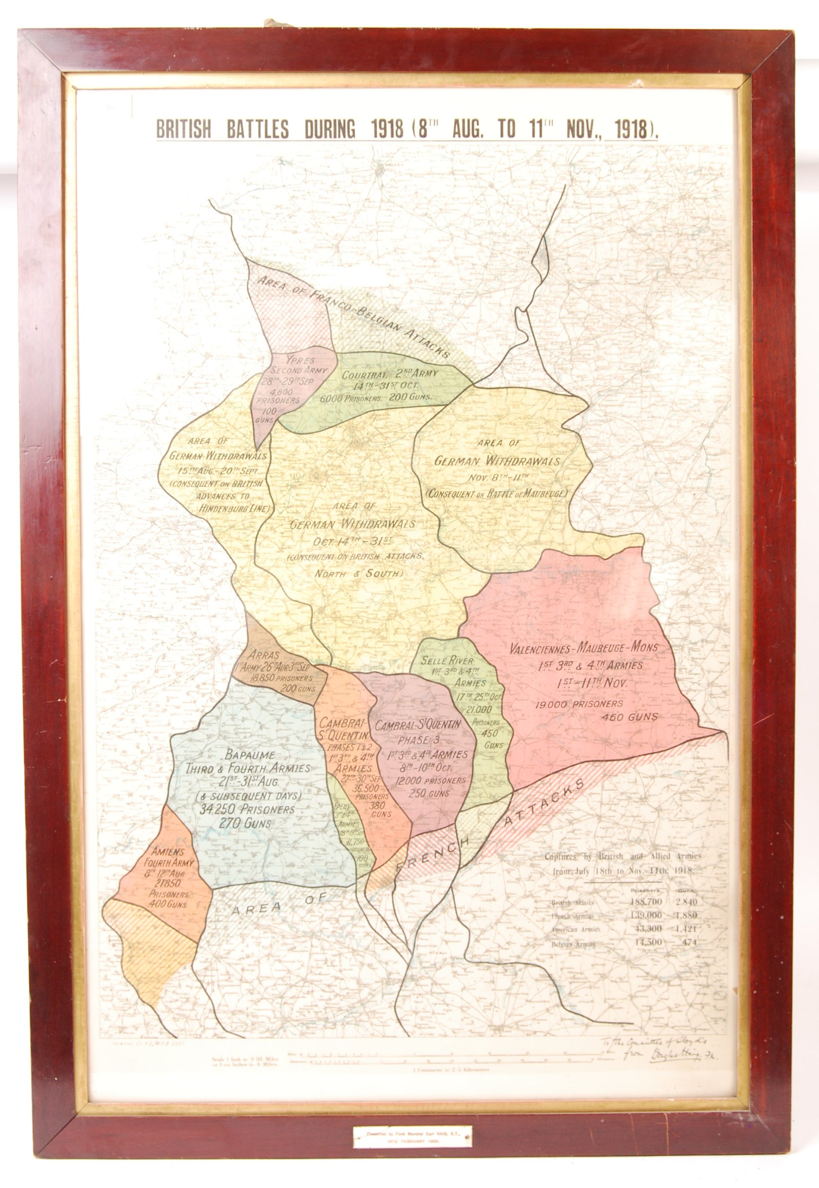 ORIGINAL WWI FIRST WORLD WAR PRESENTATION MAP BRITISH BATTLES