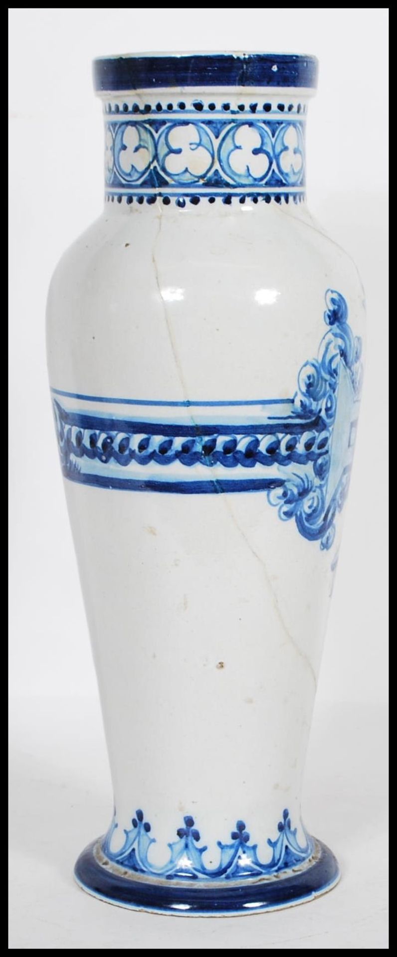 A 19th Century Italian faience vase of tapering form painted with a central cross and naval boat - Bild 2 aus 6