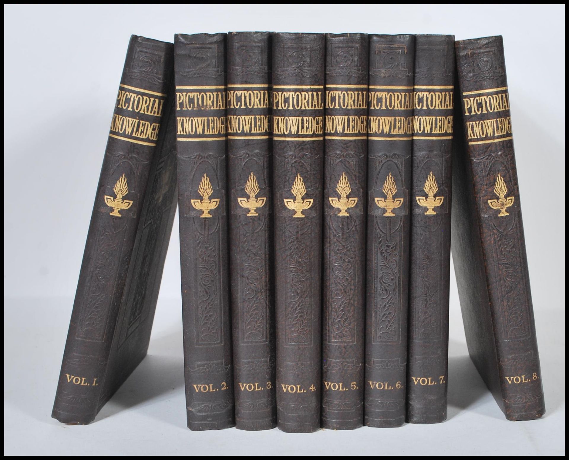 A group of leather bound books with gilt detailing of Newnes Pictorial Knowledge. Eight volumes in