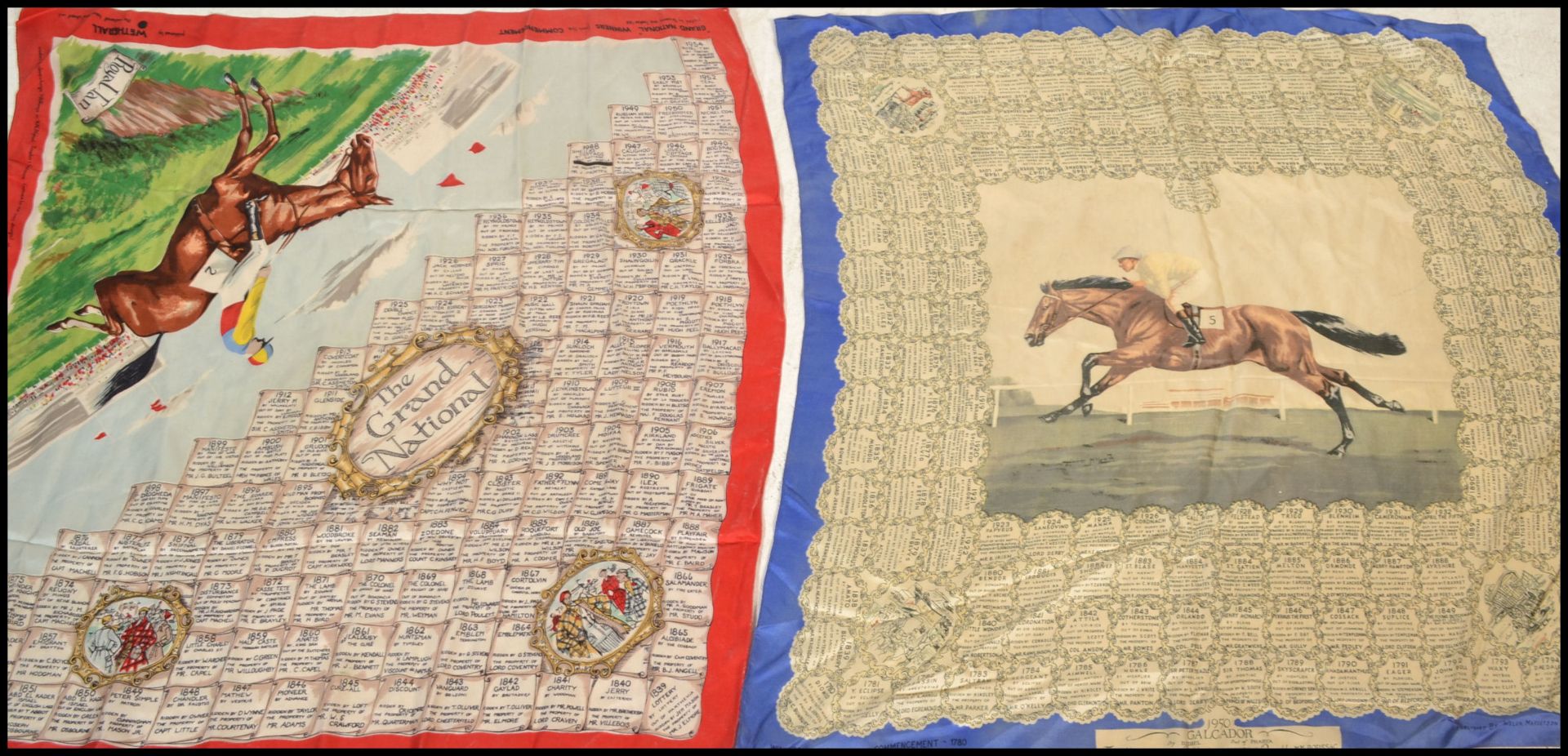 Two vintage silk Grand National souvenir neck scarves to include a 1950 Galcador scarf and a Royal - Bild 2 aus 8