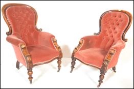 A pair of 19th Century Victorian walnut framed spoonback library / lounge chairs, both upholstered