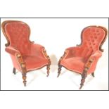 A pair of 19th Century Victorian walnut framed spoonback library / lounge chairs, both upholstered