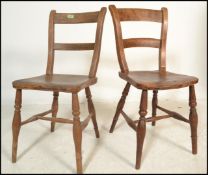 A pair of 19th Century Victorian rail back farmhouse beech and elm kitchen dining chairs, solid