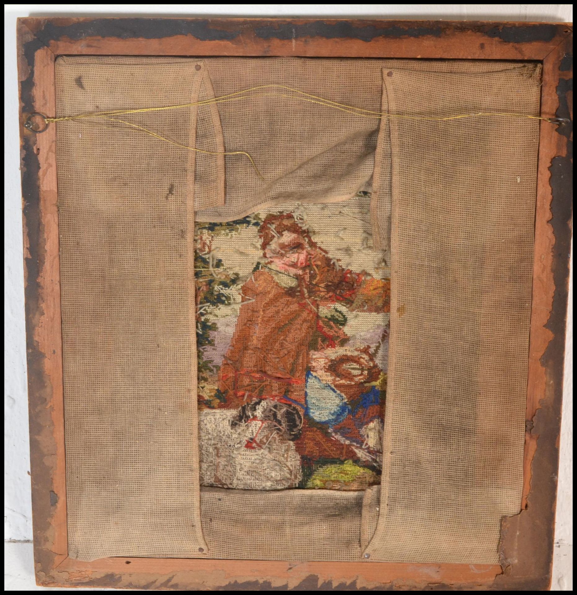 A 19th Century needlepoint tapestry framed picture depicting a shepherd boy with a dog seated - Bild 4 aus 4