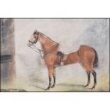 An 19th Century chalk drawing on paper depicting a racing horse in a stable, signed illegibly to the
