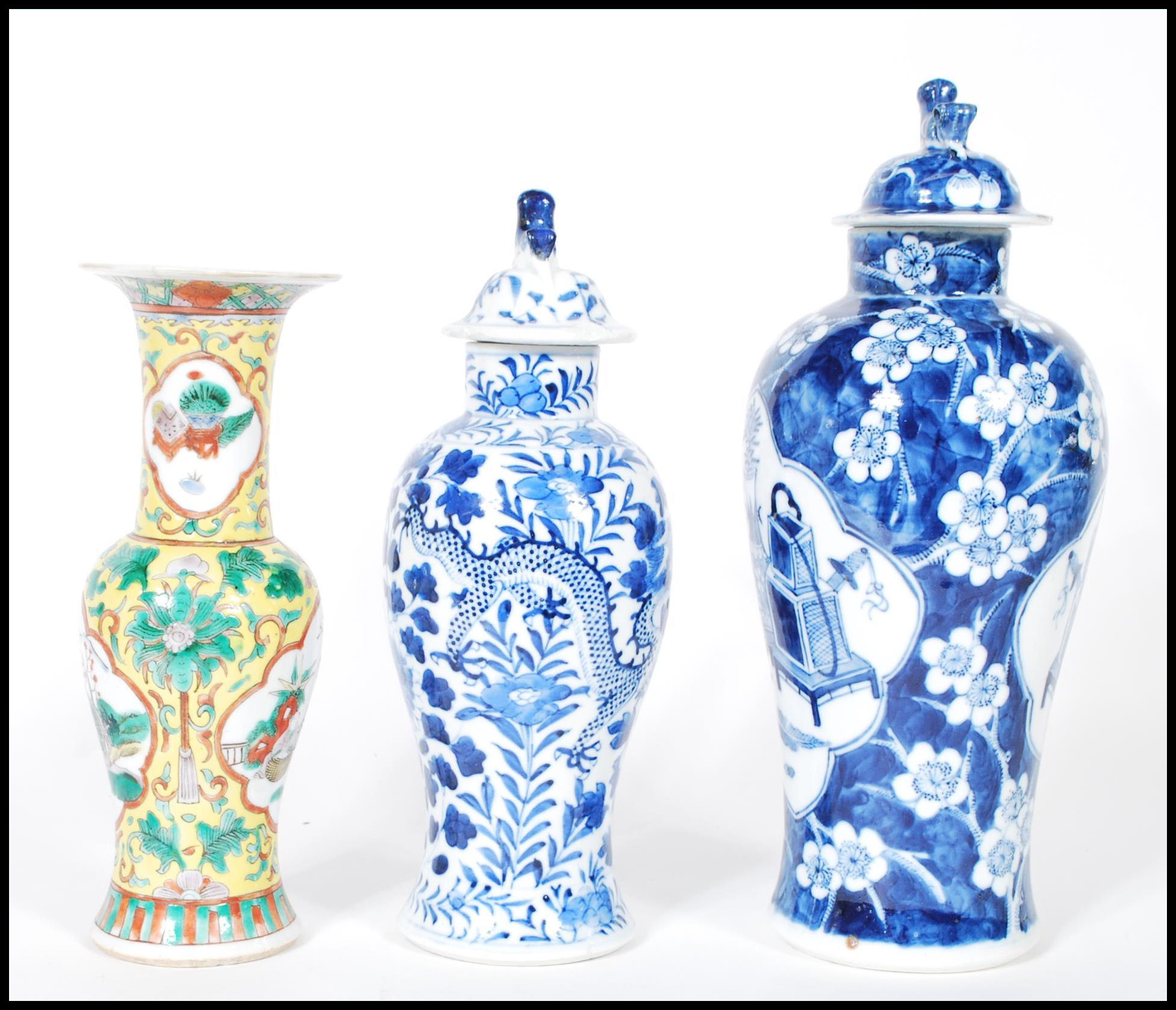 A group of three 19th Century Chinese vases / urns, one being famille jaune and verte having central - Image 4 of 6