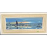 George R Deakins - Panoramic coastal scene with yachts, impasto oil on board picture painting,