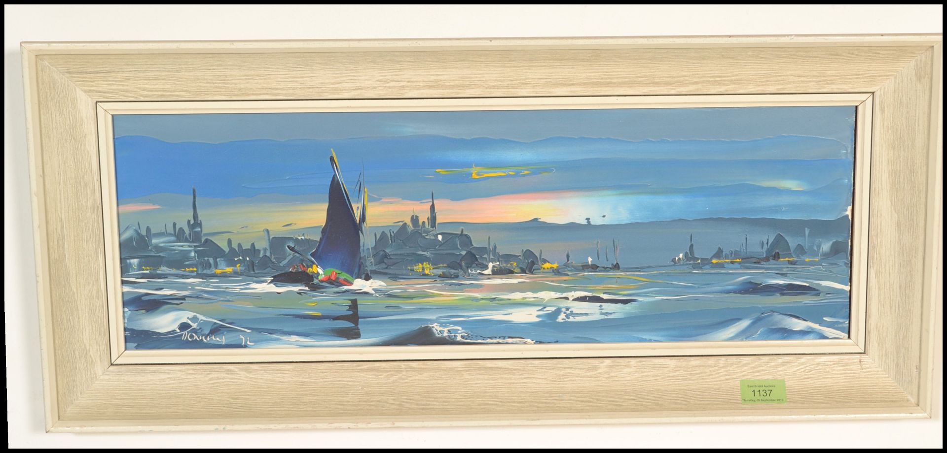 George R Deakins - Panoramic coastal scene with yachts, impasto oil on board picture painting,