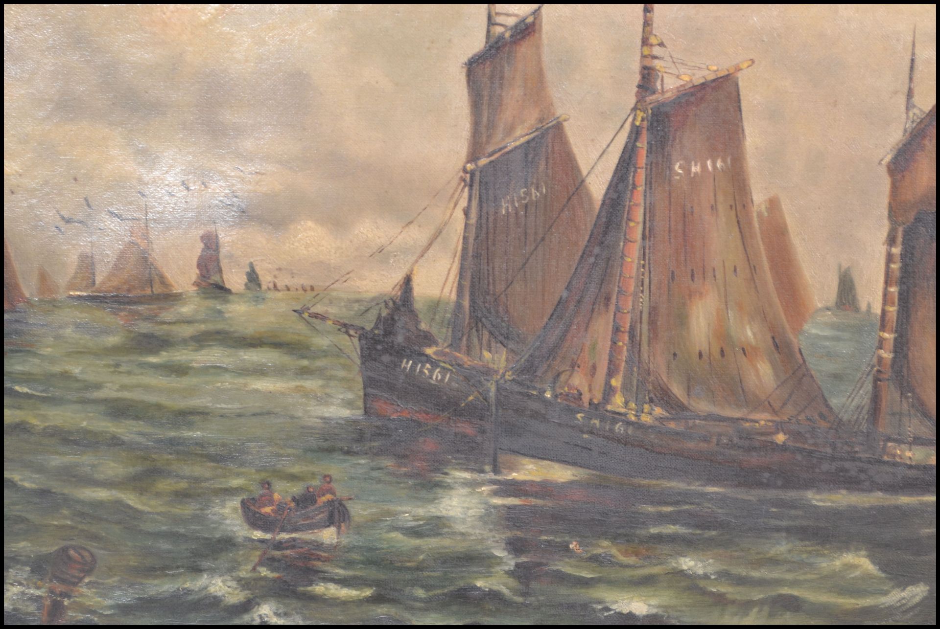 A early 20th Century oil on canvas of a seascape having Dutch sailing boats with figures in a rowing - Bild 2 aus 4