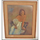 A framed print of Gaugins' 1902 painting "Girl with a fan". The 1960's wooden frame has a hessian