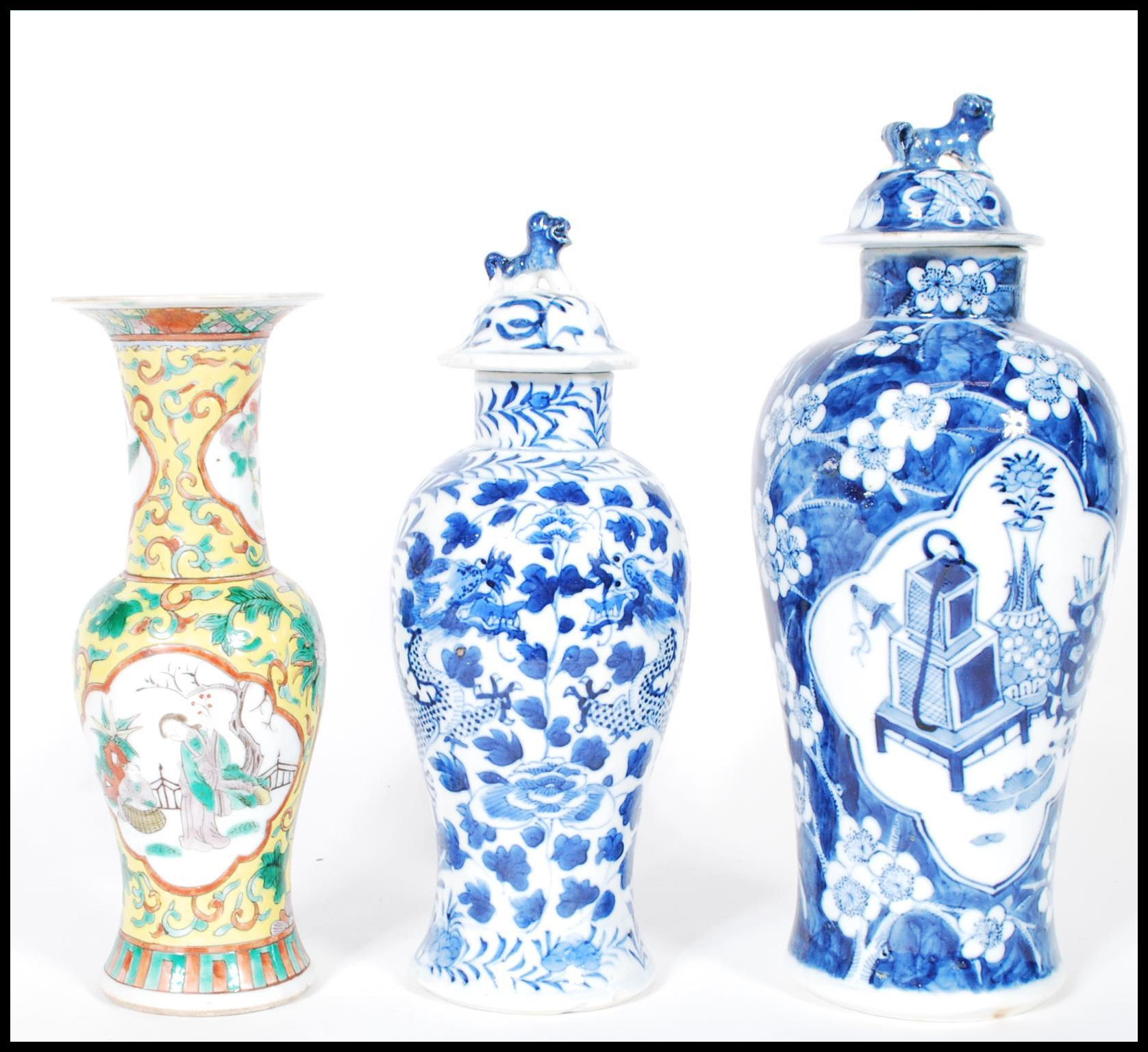 A group of three 19th Century Chinese vases / urns, one being famille jaune and verte having central - Image 3 of 6