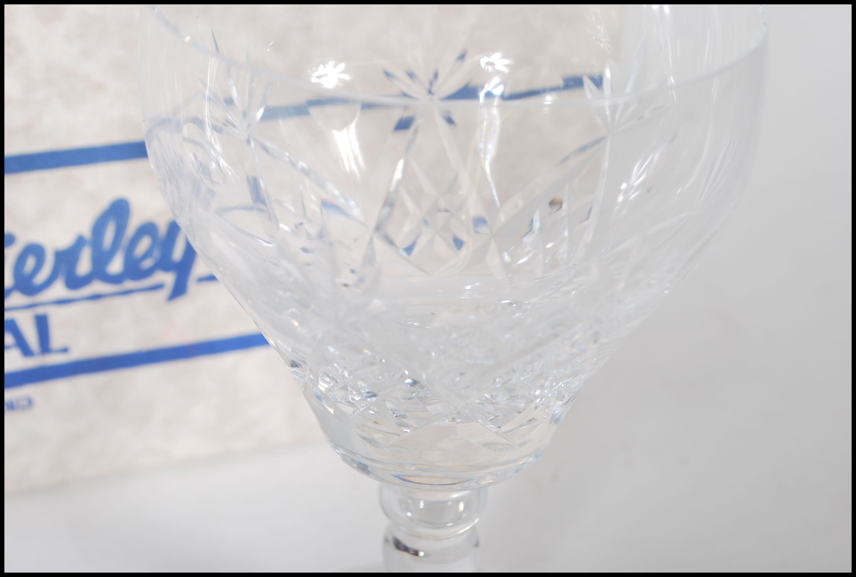 A set of six Royal Brierley cut glass crystal wine glasses in  the Elizabeth Goblet pattern, faceted - Image 3 of 6