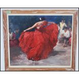 A retro 1970's print of ''The red dress'' depicting a Spanish Flamenco dancer and crowded. Framed