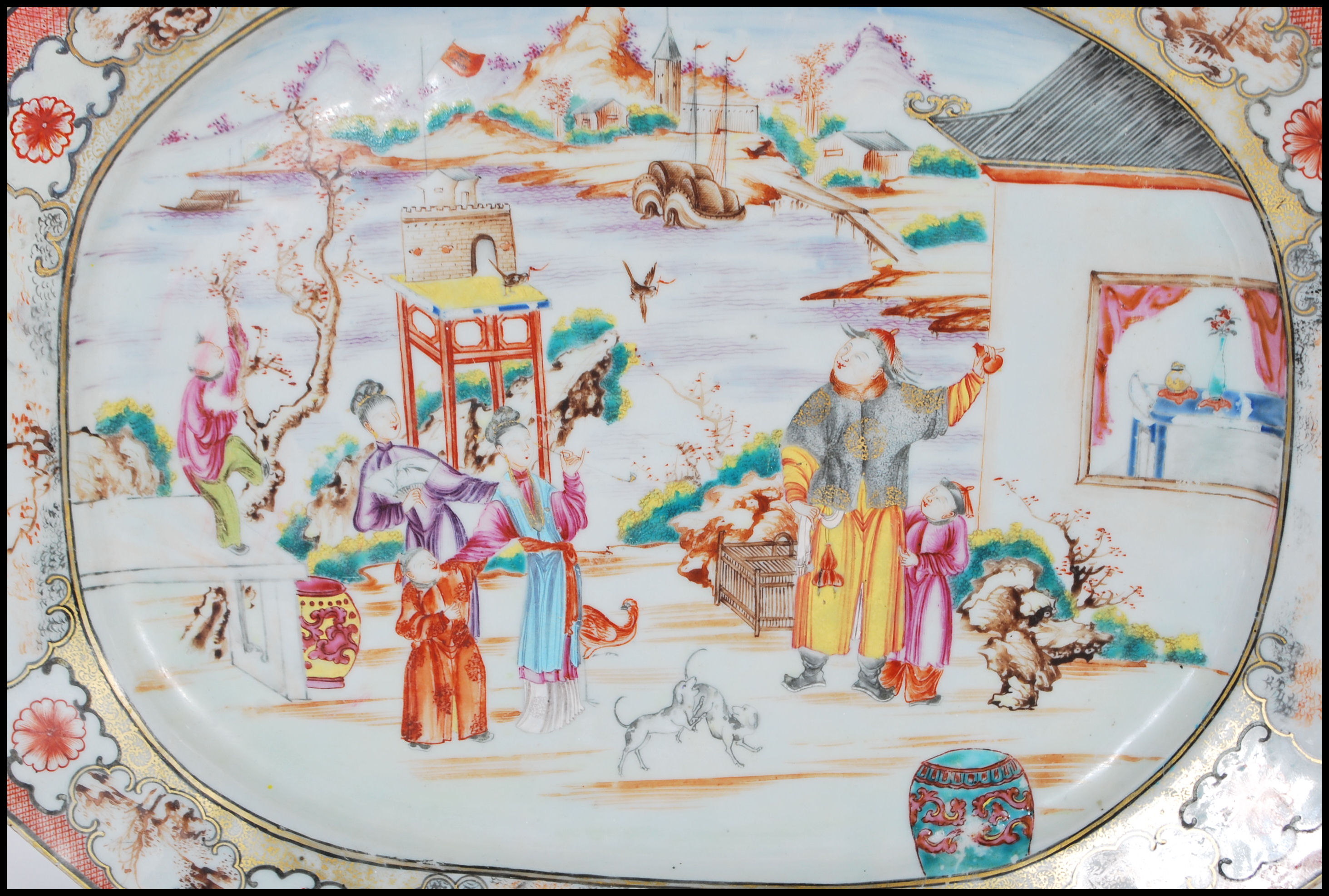 A 18th Century circa 1780 Qing Dynasty famille rose serving platter plate depicting a court yared - Image 3 of 6