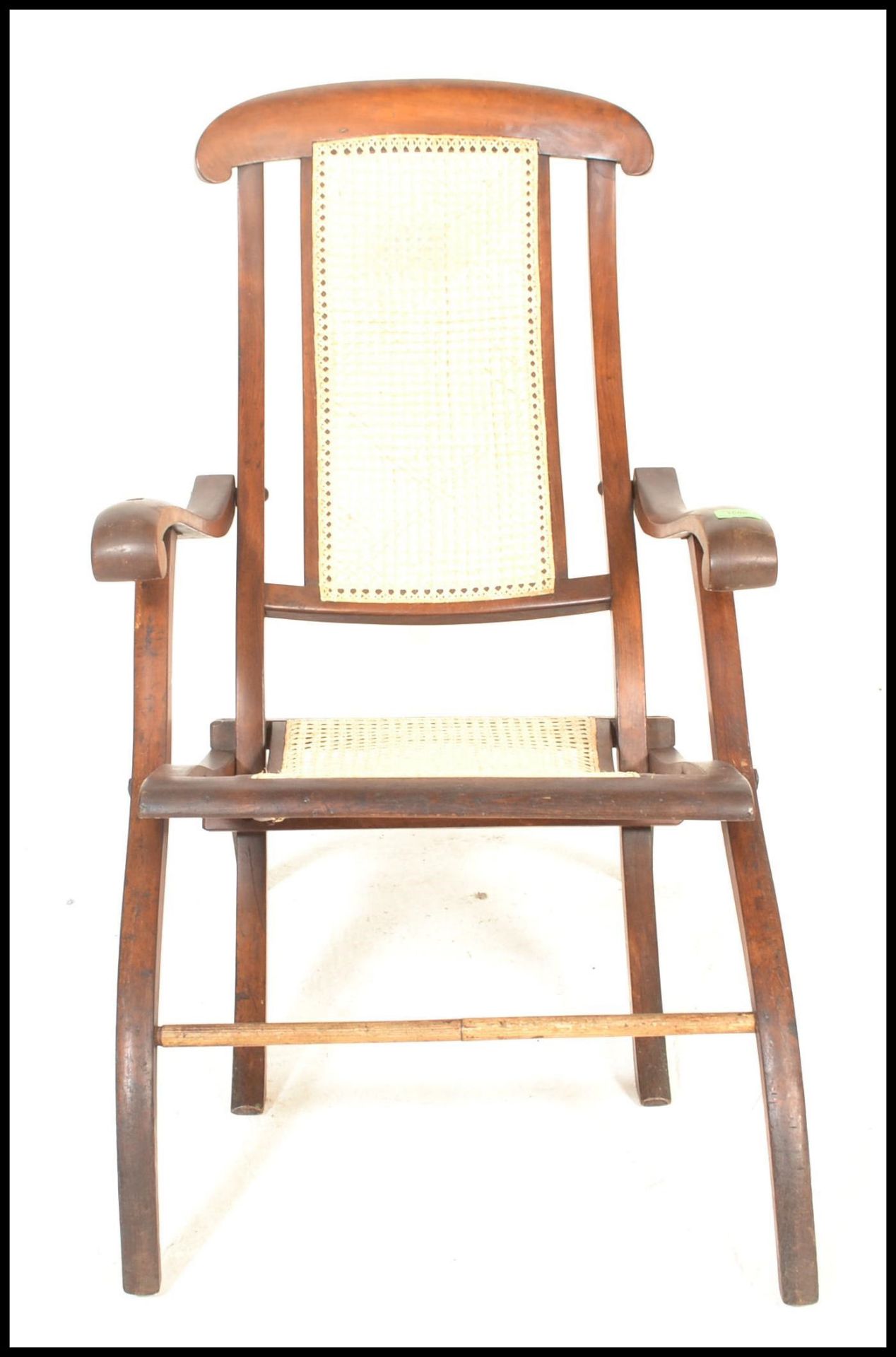 An early 20th Century campaign folding steamer chair of beech construction having caned backrest and - Image 3 of 5