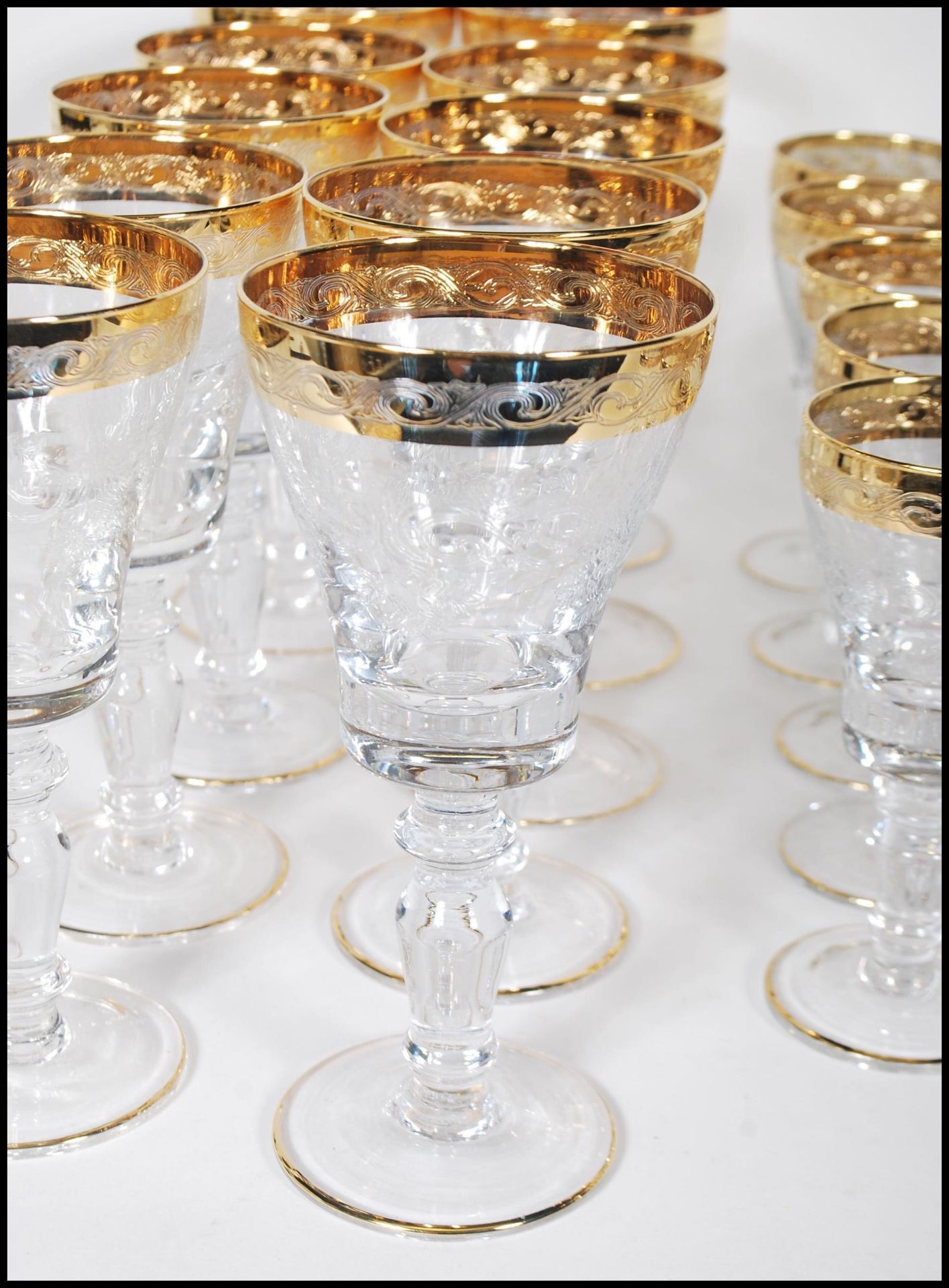 A large collection of glassware having scrolled decoration to the bowls raised on knopped columns on - Bild 5 aus 7