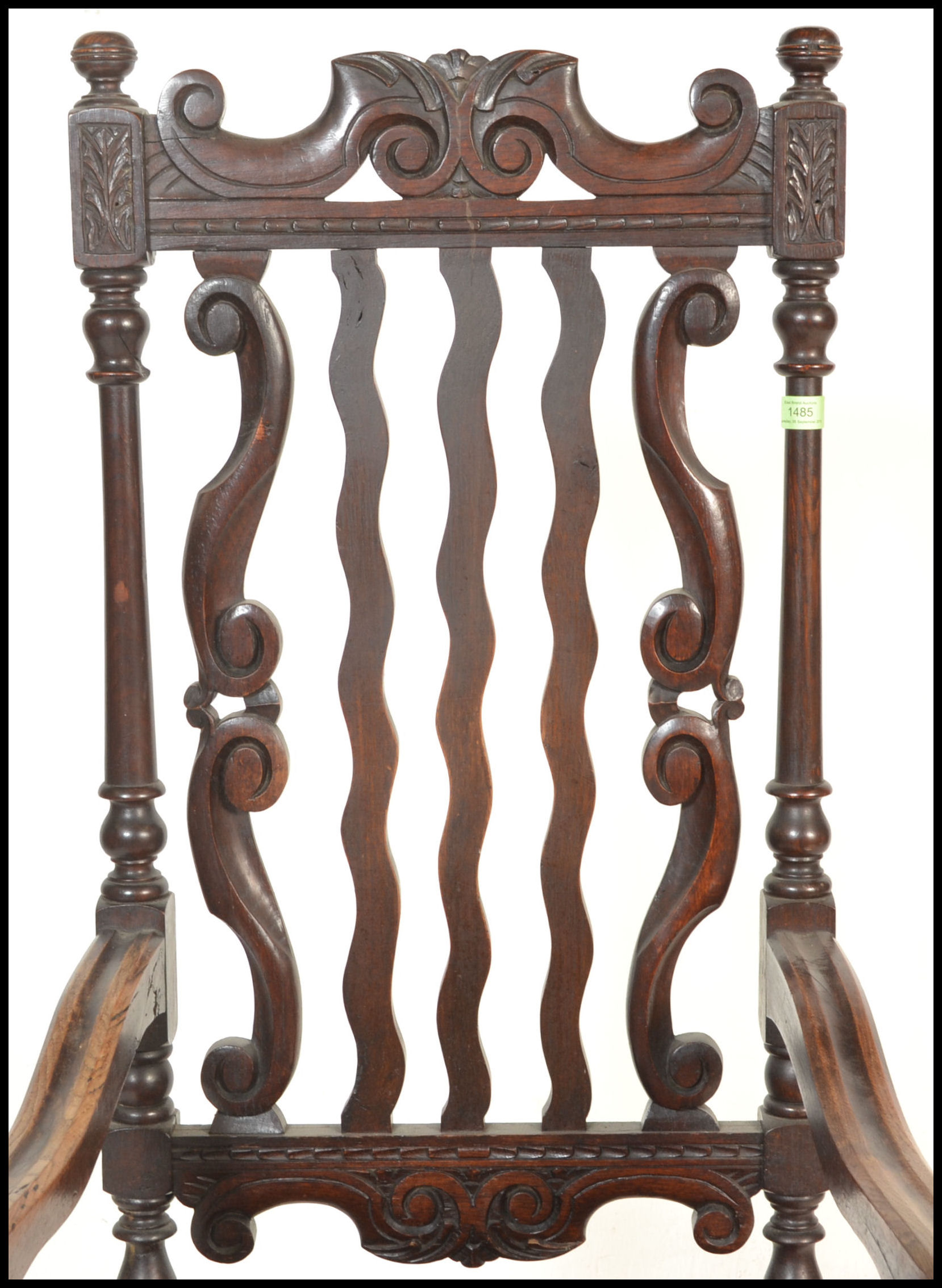 A 19th Century Victorian Carolean style carved oak arm chair, the cresting rail, with later - Image 2 of 7