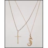 Two 9ct gold fine necklace chains and pendants to include a 9ct gold hallmarked crocodile pendant