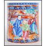 A 19th Century Chinese mug having a hand painted panel of a narrative scene depicting family in a