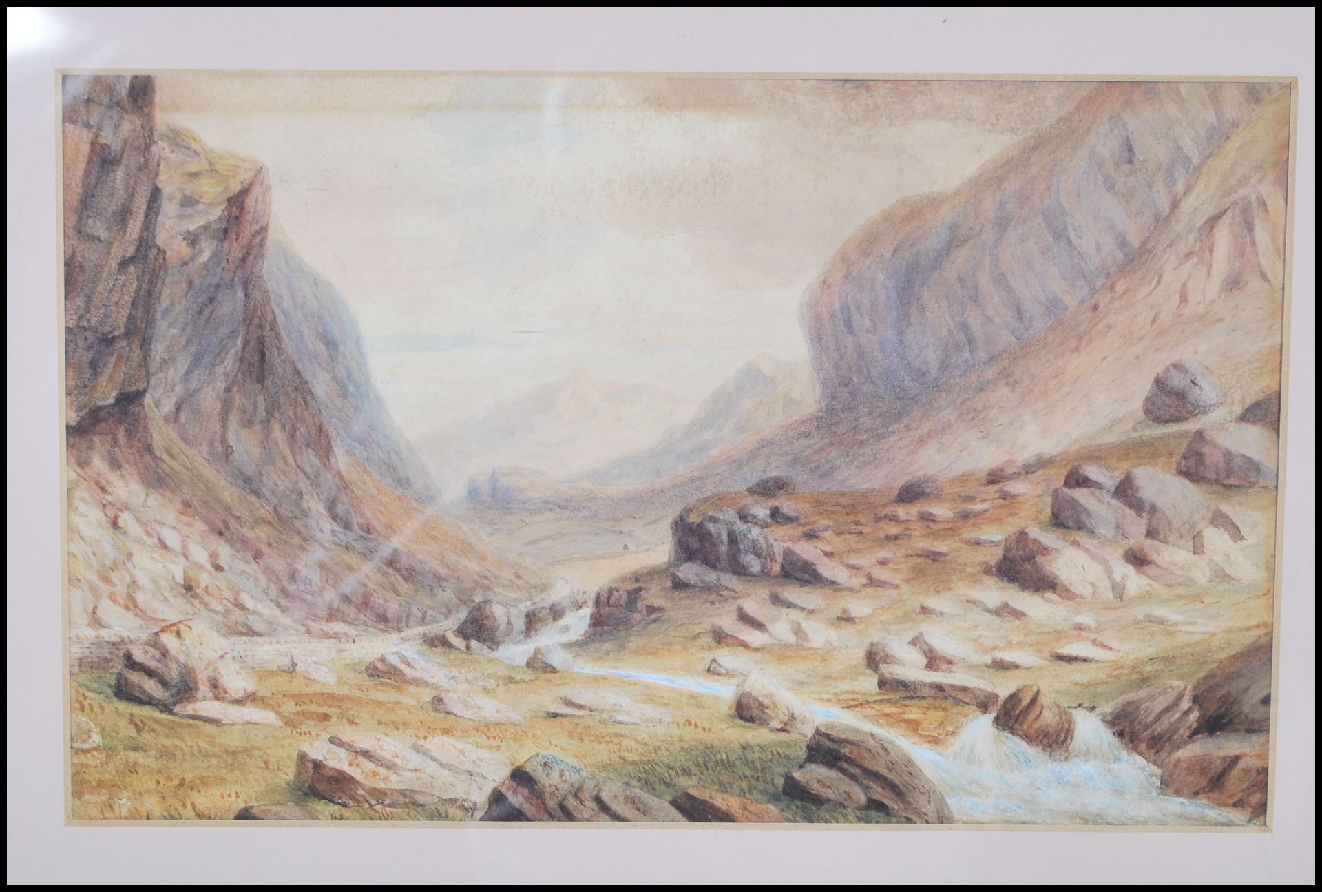 A late 19th Century Victorian watercolour landscape painting on paper depicting the Llanberis pass