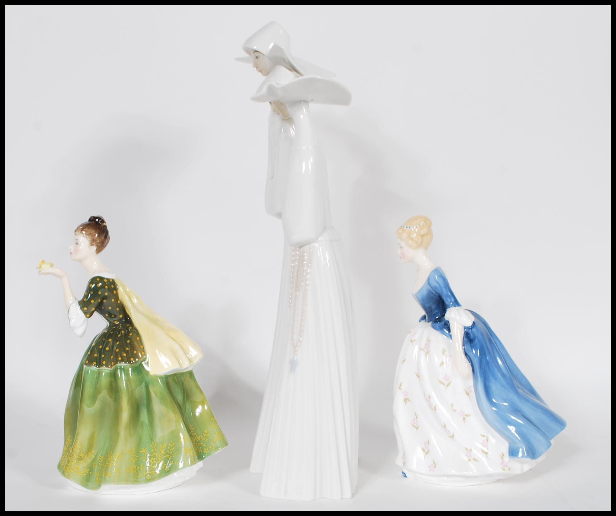 Two Royal Doulton figurines to ladies including Fleur HN2368 and Alison HN 2336 and a Lladro - Image 4 of 7