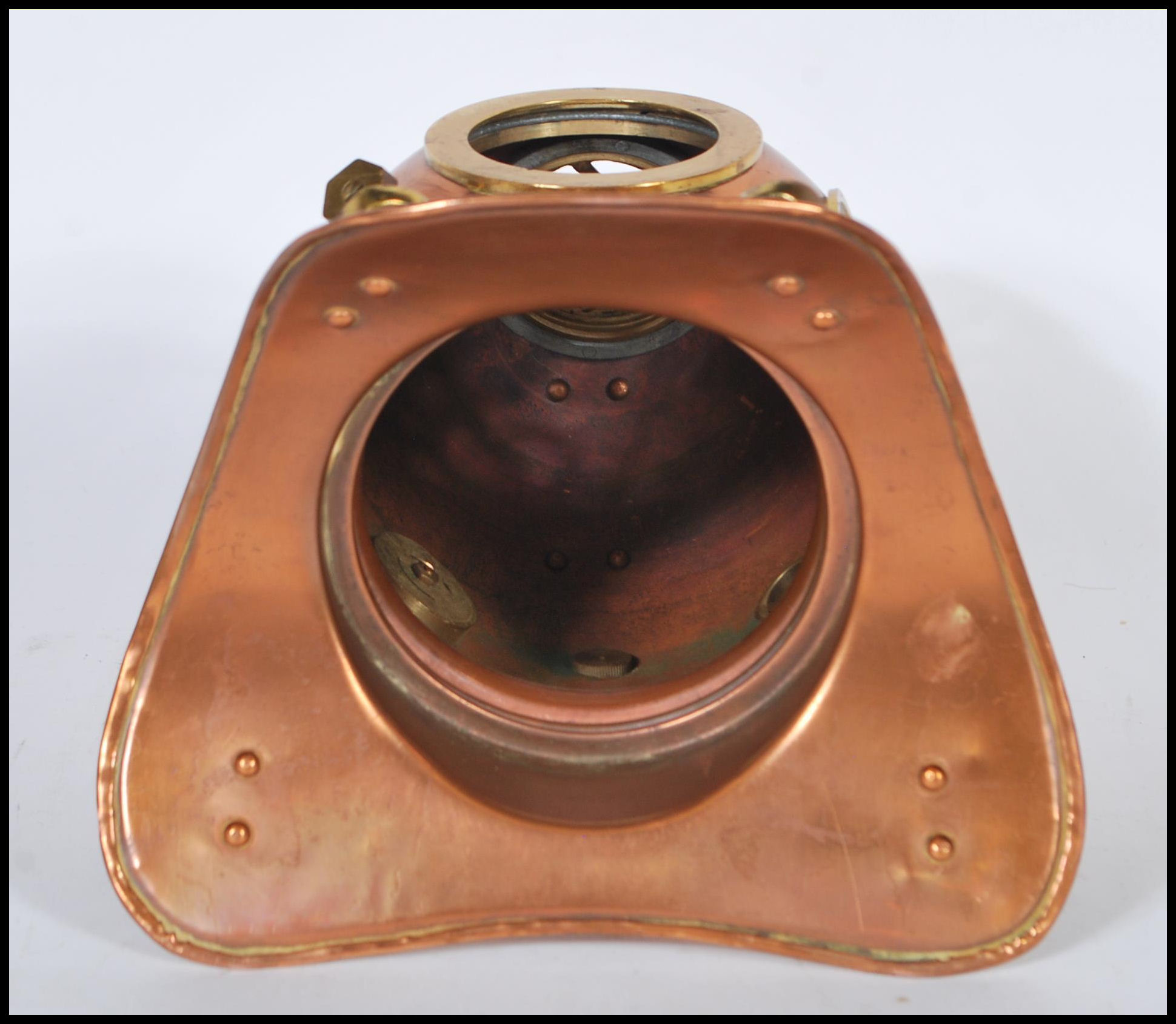 A vintage desktop model of an antique deep sea divers helmet having a copper body with brass - Image 6 of 6