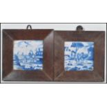 Two 18th Century Delft blue and white hand painted tiles both picturing narrative scenes, one