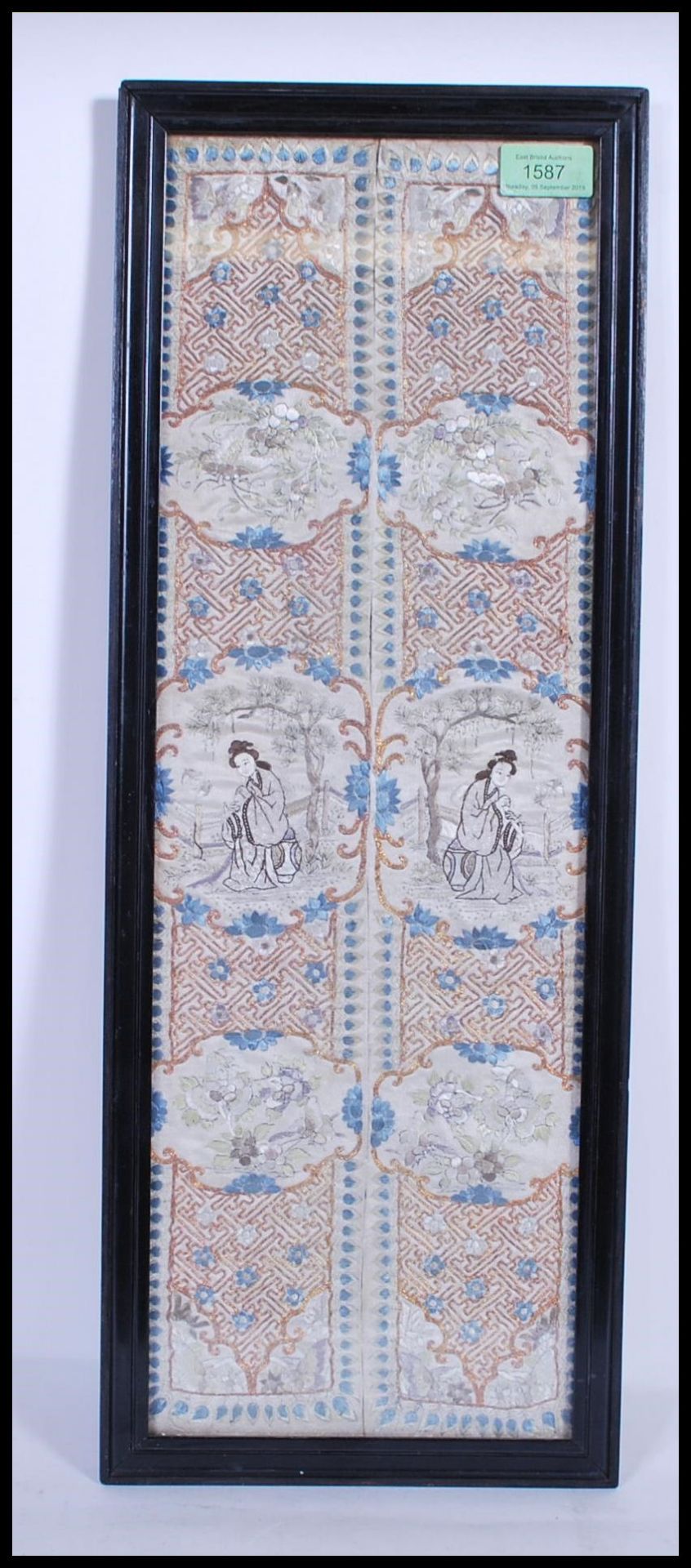 A late 19th Century early 20th Century Chinese embroidered silk sleeve depicting female figures in