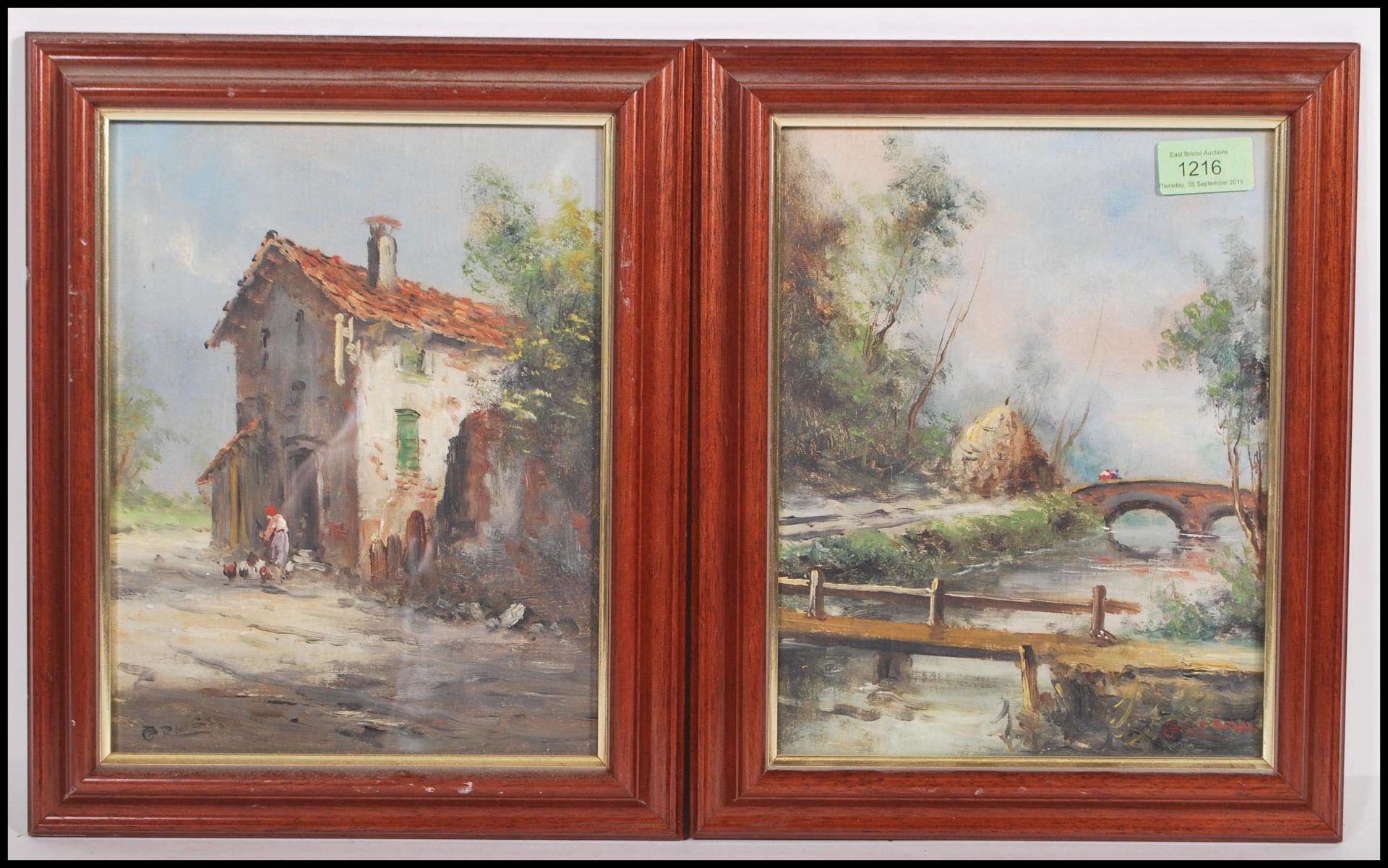 A Brioschi - a pair of 20th century oil on canvas paintings of country scenes, the first being of