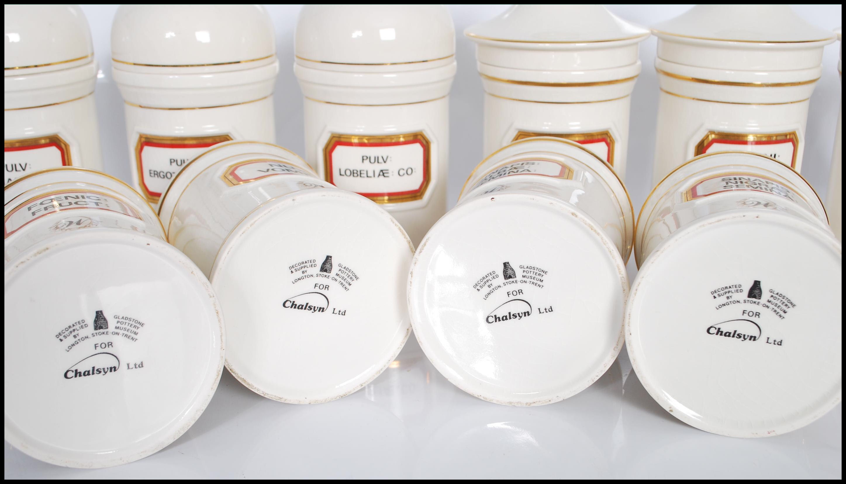 A group of twelve 20th Century Chalsyn Ltd ceramic apothecary jars and covers all having white - Image 4 of 10