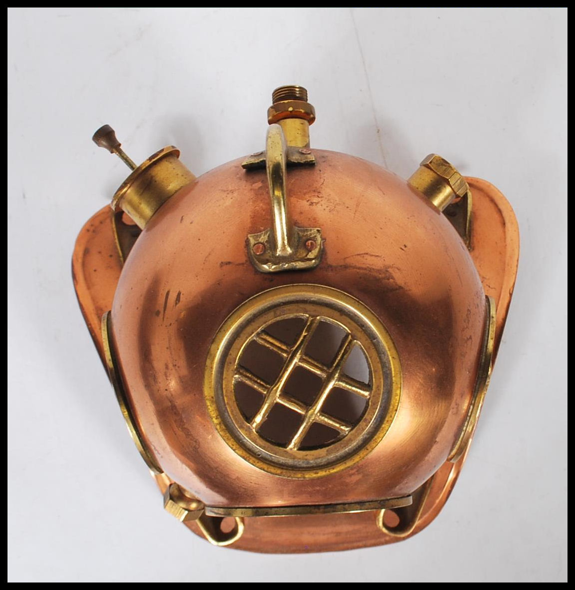 A vintage desktop model of an antique deep sea divers helmet having a copper body with brass - Image 5 of 6
